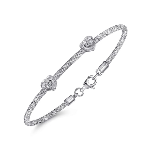 925 Sterling Silver-Stainless Steel Heart Cluster Diamond Twisted Cable Bangle - 0.06 ct - Shot 2