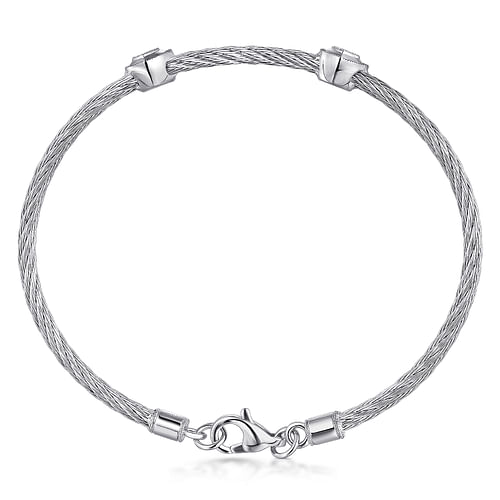 925 Sterling Silver-Stainless Steel Heart Cluster Diamond Twisted Cable Bangle - 0.06 ct - Shot 3