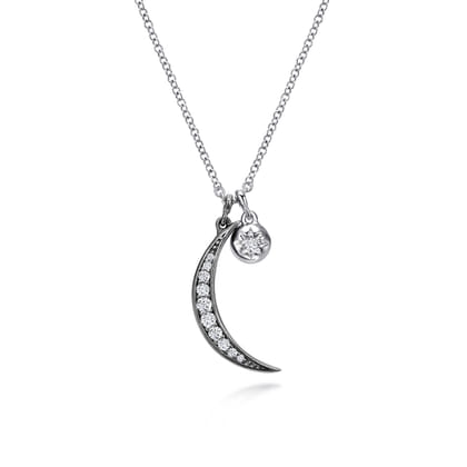 925 Sterling Silver Star and Black Rhodiumed Moon Charm Necklace with White Sapphire