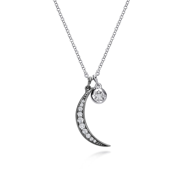 925 Sterling Silver Star and Black Rhodiumed Moon Charm Necklace with White Sapphire - Shot 1