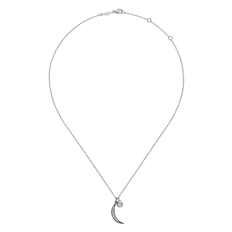 925 Sterling Silver Star and Black Rhodiumed Moon Charm Necklace with White Sapphire