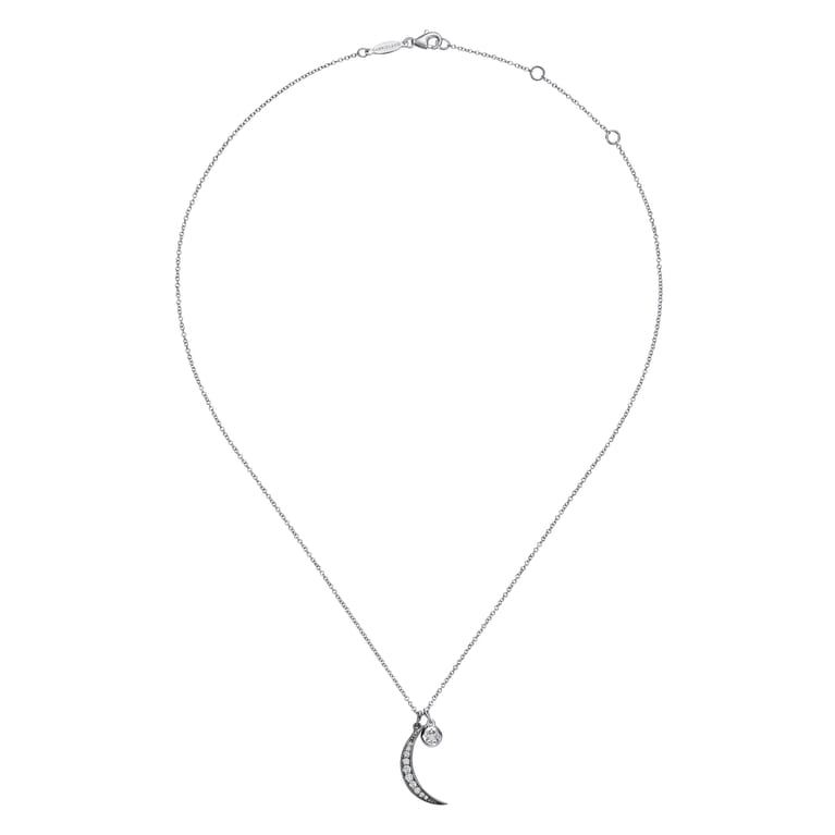 925 Sterling Silver Star and Black Rhodiumed Moon Charm Necklace with White Sapphire - Shot 2