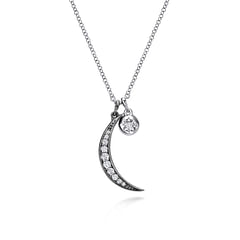 925 Sterling Silver Star and Moon Charm Necklace with White Sapphire
