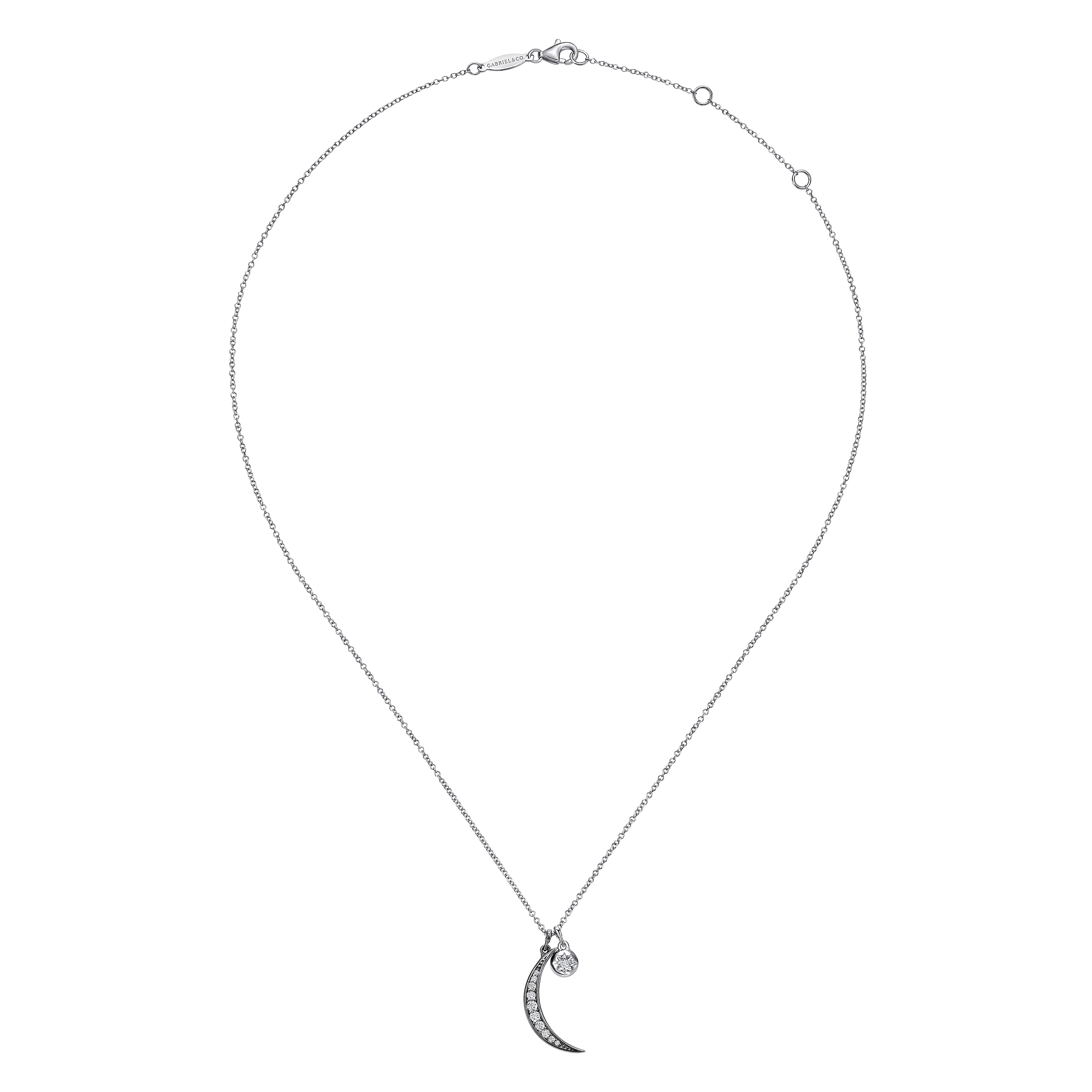 925 Sterling Silver Star and Moon Charm Necklace with White Sapphire - Shot 2