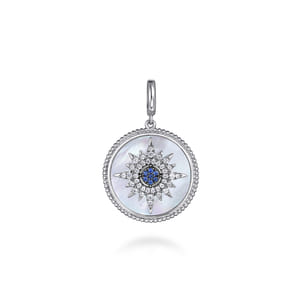925 Sterling Silver Starburst Blue Sapphire and White Sapphire Bujukan Medallion Pendant in size 24mm With Detachable Bail