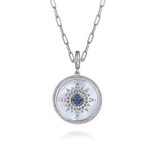 925 Sterling Silver Starburst Blue Sapphire and White Sapphire Bujukan Medallion Pendant in size 24mm With Detachable Bail
