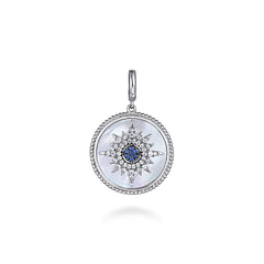 925 Sterling Silver Starburst Blue Sapphire and White Sapphire Bujukan Medallion Pendant in size 24mm