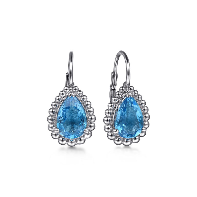 925 Sterling Silver Swiss Blue Topaz Bujukan Pear Shape Leverback Earrings With Pattern - Shot 1