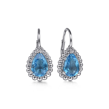 925 Sterling Silver Swiss Blue Topaz Bujukan Pear Shape Leverback Earrings with Pattern