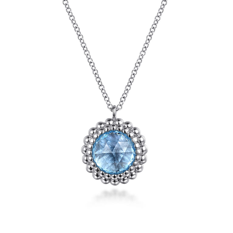 925 Sterling Silver Swiss Blue Topaz Bujukan Round Shape Necklace With Pattern - Shot 1
