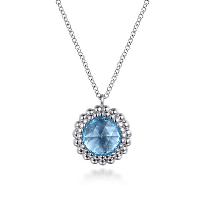 925 Sterling Silver Swiss Blue Topaz Bujukan Round Shape Necklace with Pattern
