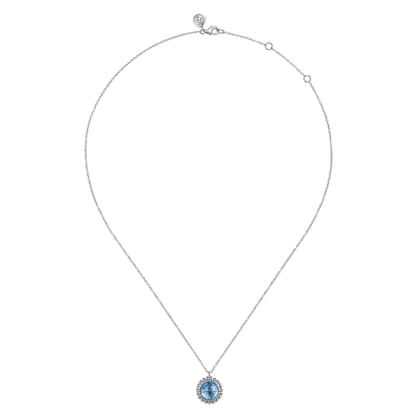 925 Sterling Silver Swiss Blue Topaz Bujukan Round Shape Necklace with Pattern