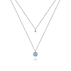 925 Sterling Silver Swiss Blue Topaz and Diamond Layered Necklace