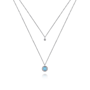 925 Sterling Silver Swiss Blue Topaz and Diamond Layered Necklace