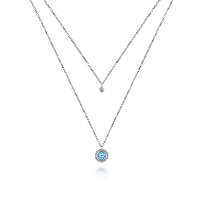 925 Sterling Silver Swiss Blue Topaz and Diamond Layered Necklace
