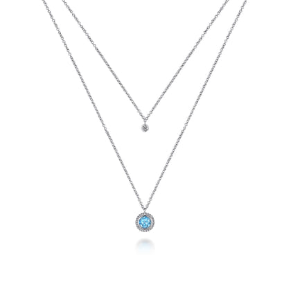 925 Sterling Silver Swiss Blue Topaz and Diamond Layered Necklace