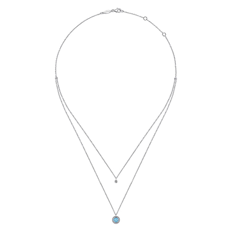 925 Sterling Silver Swiss Blue Topaz and Diamond Layered Necklace