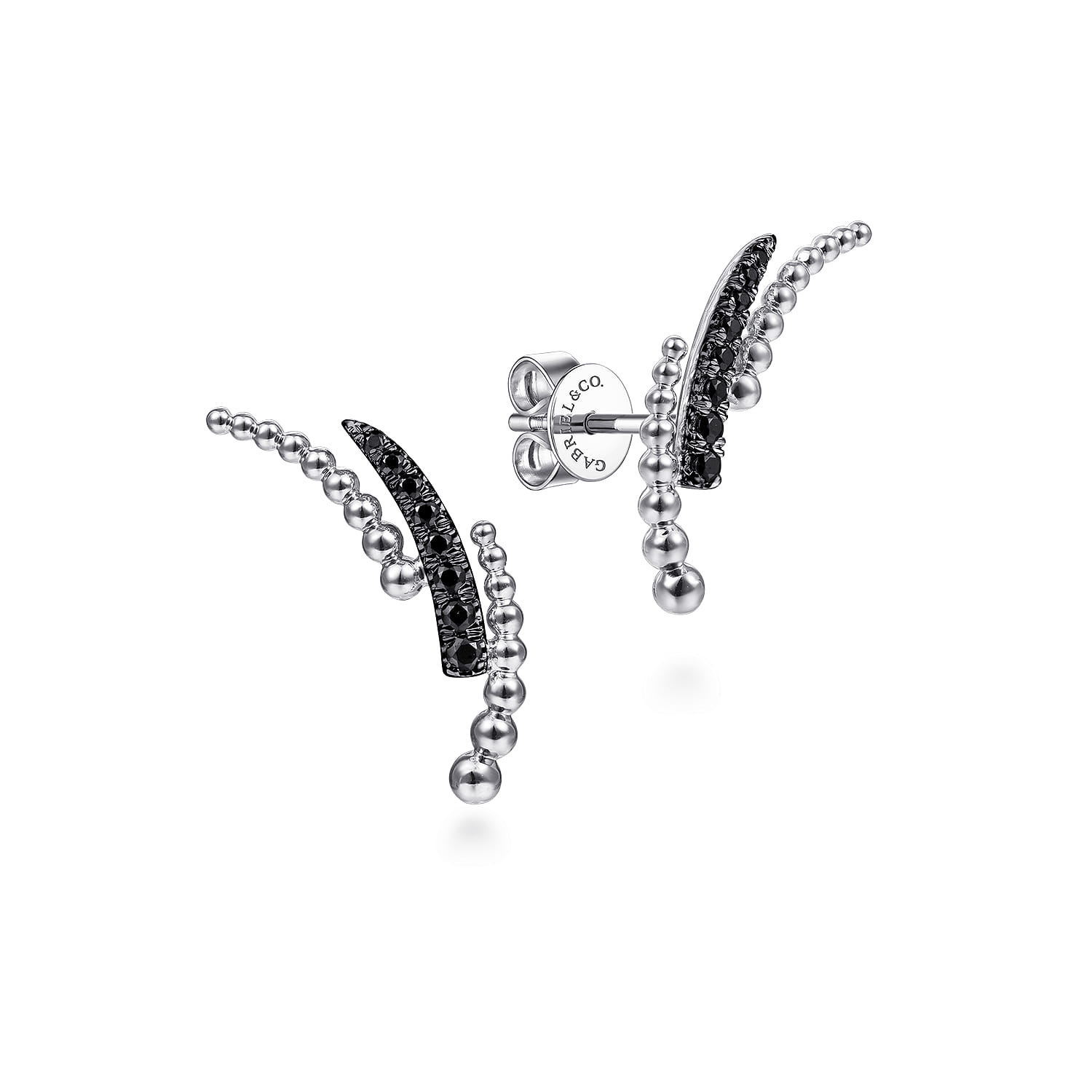 925 Sterling Silver Triple Split Curved Bar Bujukan Black Spinel Stud Earrings - Shot 1