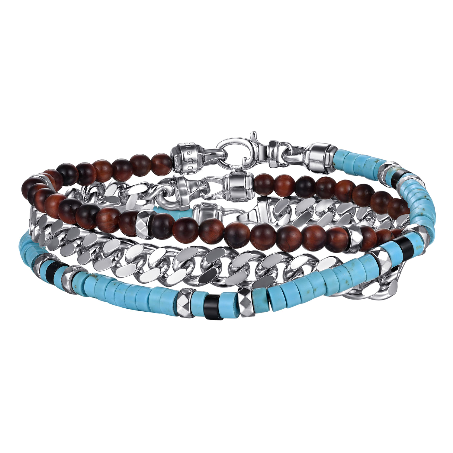 925 Sterling Silver Turquoise Onyx and Tiger Eye Wrap Bracelet and Necklace - Shot 1