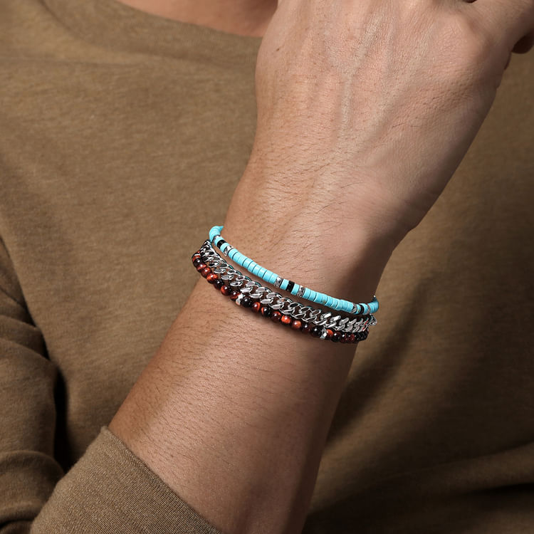 925 Sterling Silver Turquoise Onyx and Tiger Eye Wrap Bracelet and Necklace