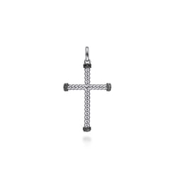 925 Sterling Silver Twisted Rope Cross Pendant with Black Spinel