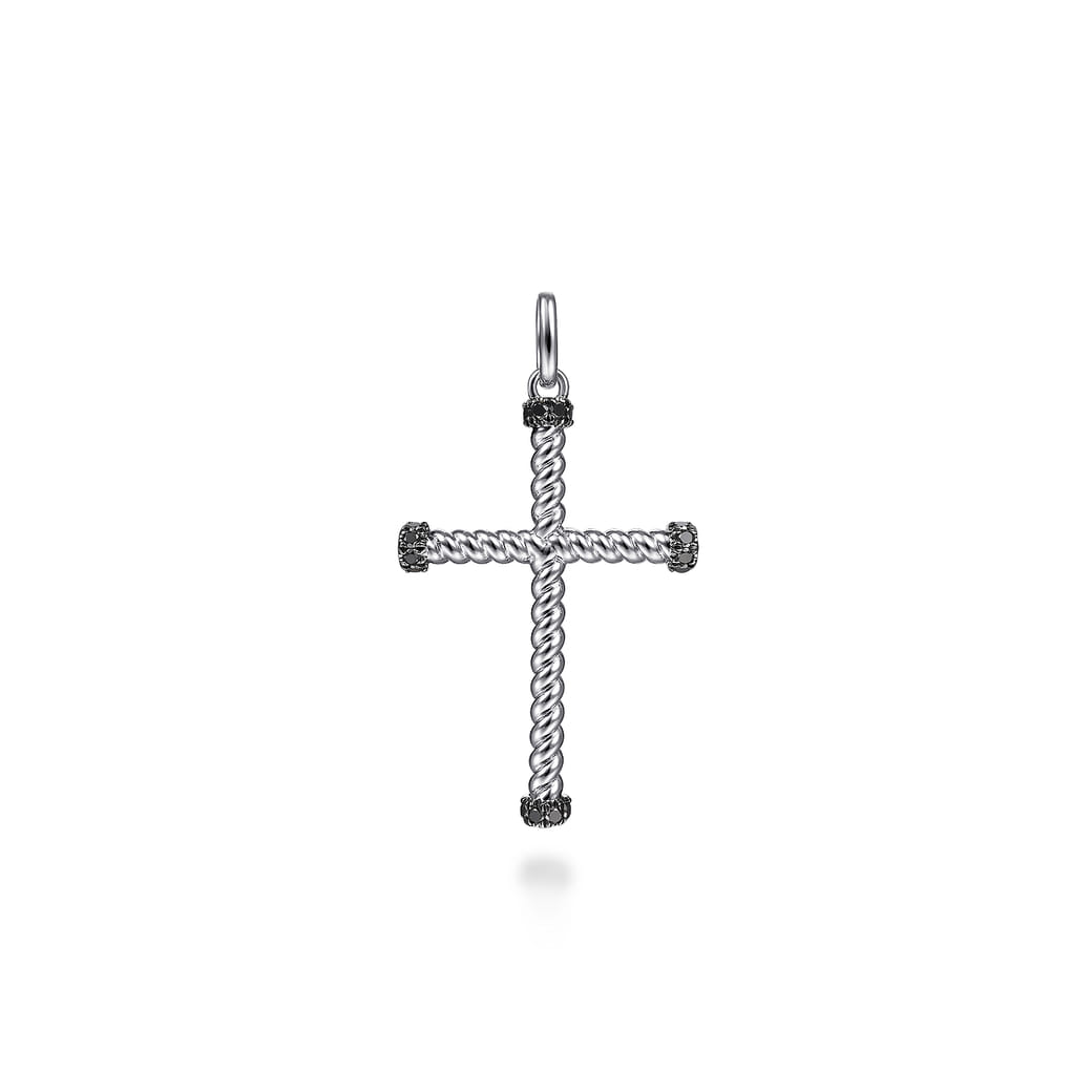 925 Sterling Silver Twisted Rope Cross Pendant with Black Spinel