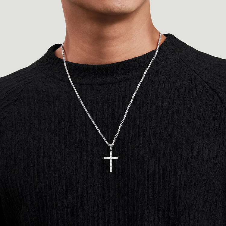 925 Sterling Silver Twisted Rope Cross Pendant with Black Spinel