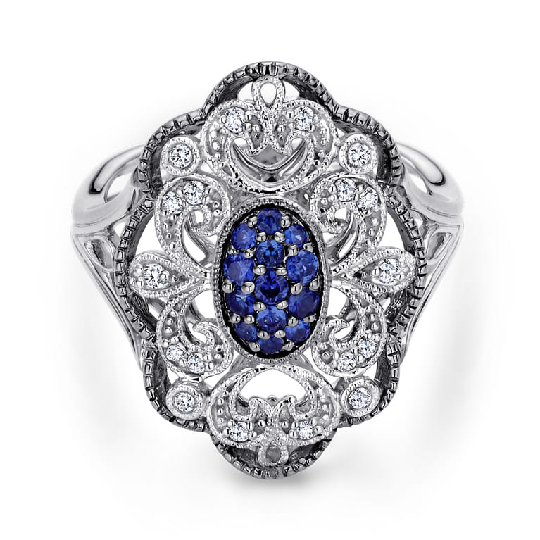 925 Sterling Silver Vintage Inspired Oval Blue and White Sapphire Ring - Shot 1