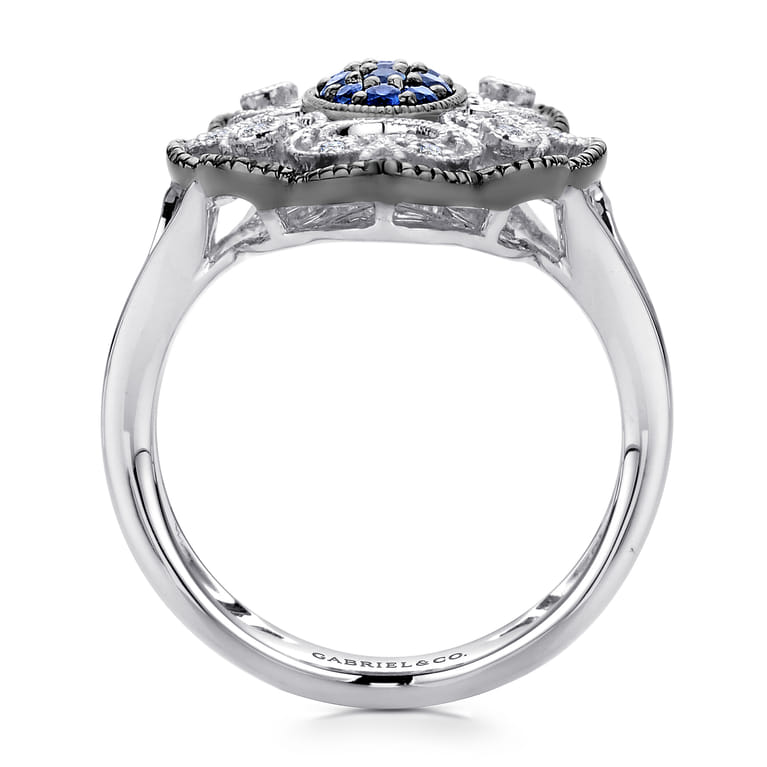 925 Sterling Silver Vintage Inspired Oval Blue and White Sapphire Ring - Shot 2