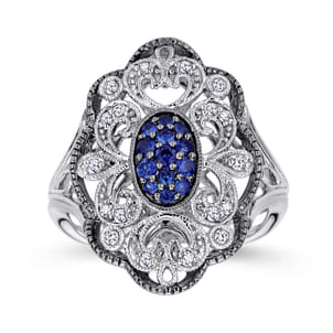 925 Sterling Silver Vintage Inspired Oval Blue and White Sapphire Ring