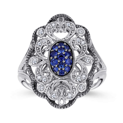 925 Sterling Silver Vintage Inspired Oval Blue and White Sapphire Ring