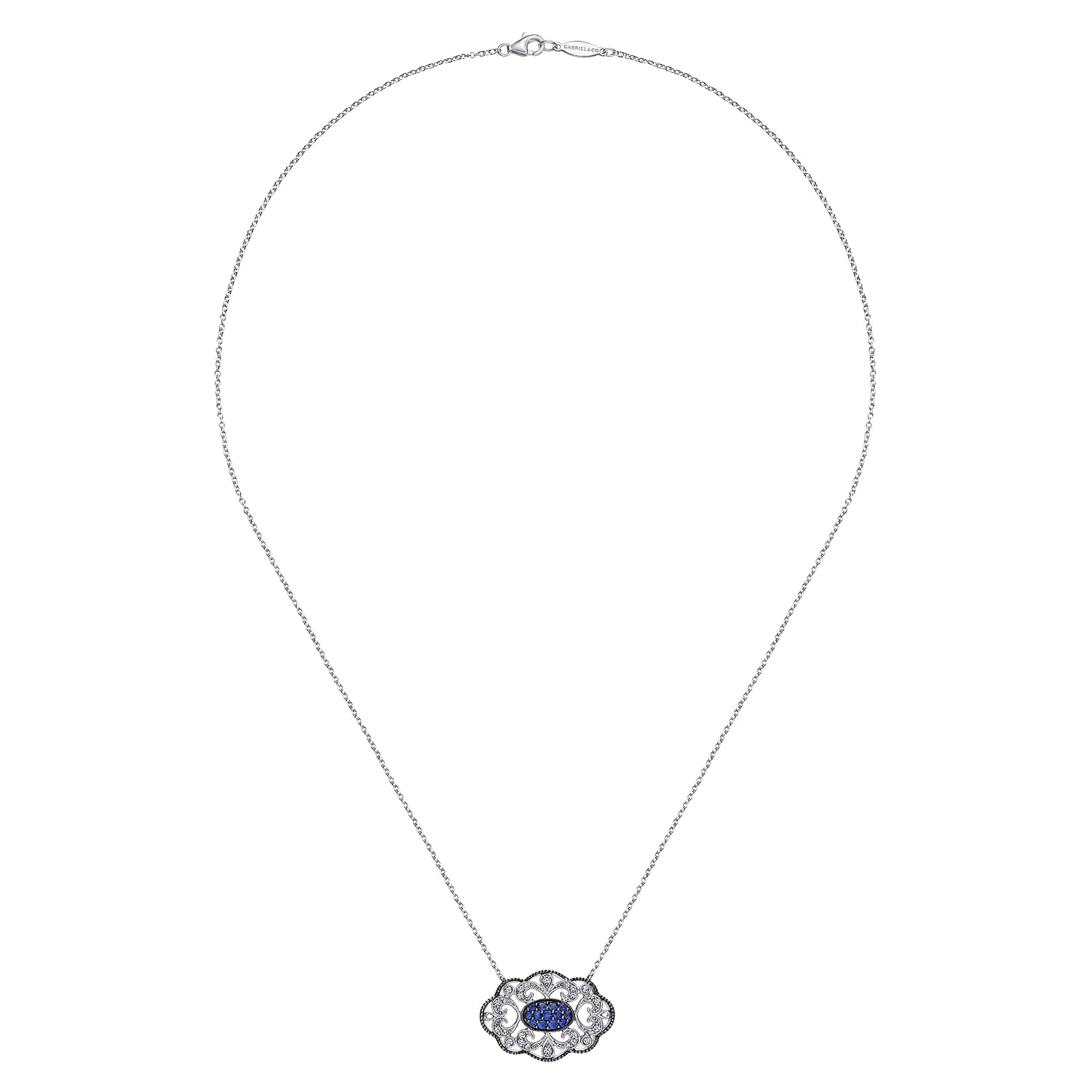 925 Sterling Silver Vintage Openwork Filigree Sapphire Pendant Necklace - Shot 2