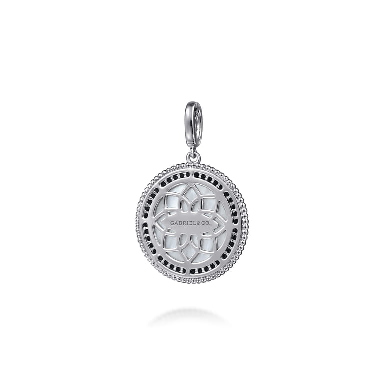 925 Sterling Silver White Mother Pearl and Black Spinel Bujukan Medallion Pendant in size 24mm With Detachable Bail - Shot 2