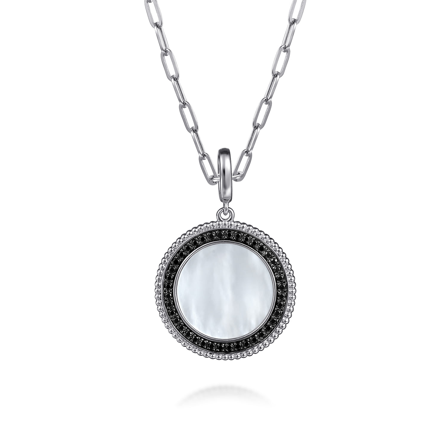 925 Sterling Silver White Mother Pearl and Black Spinel Bujukan Medallion Pendant in size 24mm With Detachable Bail - Shot 3