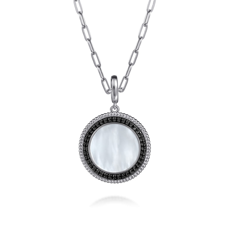 925 Sterling Silver White Mother Pearl and Black Spinel Bujukan Medallion Pendant in size 24mm With Detachable Bail - Shot 3
