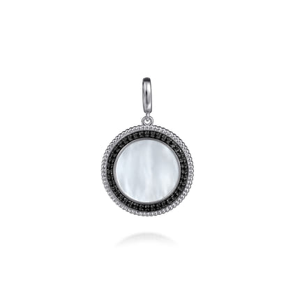 925 Sterling Silver White Mother Pearl and Black Spinel Bujukan Medallion Pendant in size 24mm with Detachable Bail