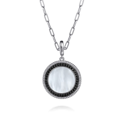 925 Sterling Silver White Mother Pearl and Black Spinel Bujukan Medallion Pendant in size 24mm with Detachable Bail