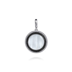 925 Sterling Silver White Mother Pearl and Black SpinelBujukan Medallion Pendant in size 24mm With Detachable Bail