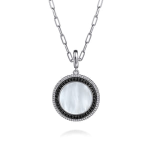 925 Sterling Silver White Mother Pearl and Black SpinelBujukan Medallion Pendant in size 24mm With Detachable Bail