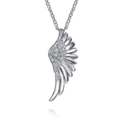 925 Sterling Silver White Sapphire Angel Wing Pendant Necklace