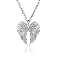 925 Sterling Silver White Sapphire Angel Wing Pendant Necklace