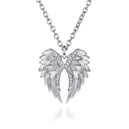 925 Sterling Silver White Sapphire Angel Wing Pendant Necklace