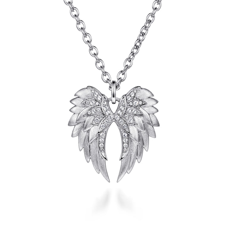 925 Sterling Silver White Sapphire Angel Wing Pendant Necklace - Shot 1