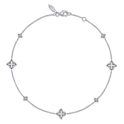 925 Sterling Silver White Sapphire Ankle Bracelet with Clover Stations