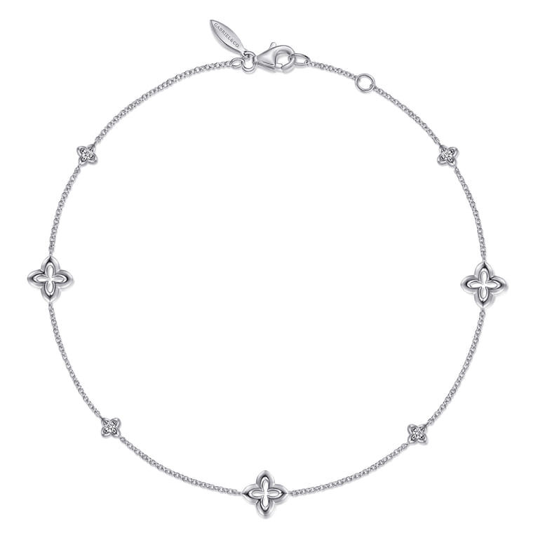 925 Sterling Silver White Sapphire Ankle Bracelet with Clover Stations - Shot 1