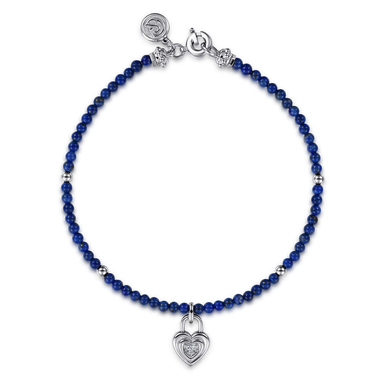 925 Sterling Silver White Sapphire Lock and Lapis Bead Bracelet - Shot 1