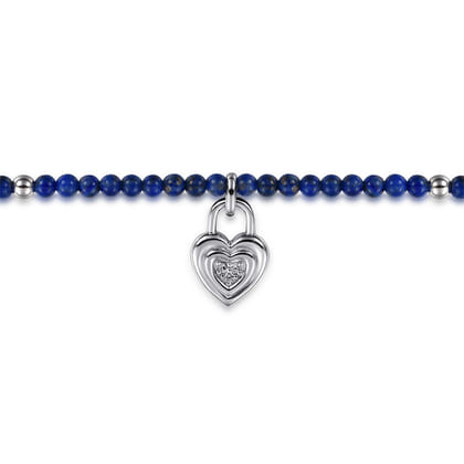 925 Sterling Silver White Sapphire Lock and Lapis Bead Bracelet