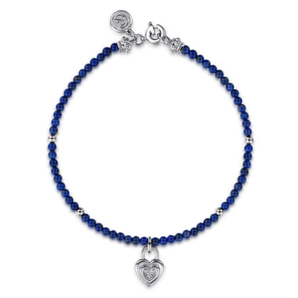 925 Sterling Silver White Sapphire Lock and Lapis Bead Bracelet