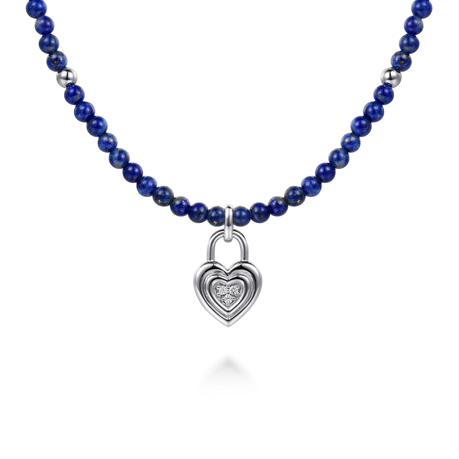 925 Sterling Silver White Sapphire Lock and Lapis Bead Pendant Necklace - Shot 1