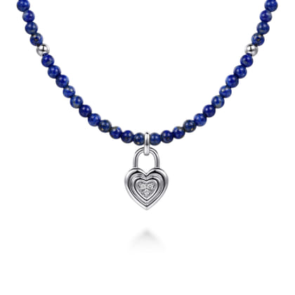 925 Sterling Silver White Sapphire Lock and Lapis Bead Pendant Necklace